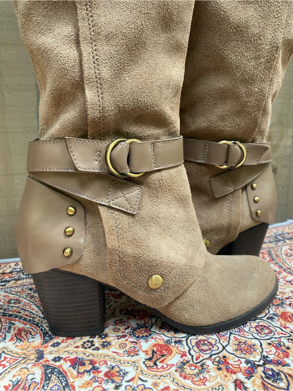 Fergie Taupe Suede Knee-High Block Heel Boots - Picture 9 of 14